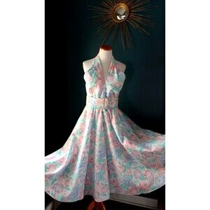 Vintage ACT I Midi Pastel Floral Tea Garden Pin Up Fit & Flare Halter Sun Dress